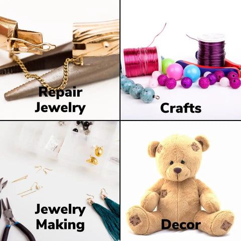 Image showing a collage: tools fixing chains for repair jewelry, colorful beads and threads for crafts, jewelry making tools, a teddy for decor.