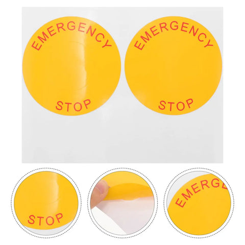 Emergency Stop Sign Stickers For Industrial Machinery 2.44 Inch Self Adhesive Labels 8 Pack High Visibility Safety Decals shown close-up