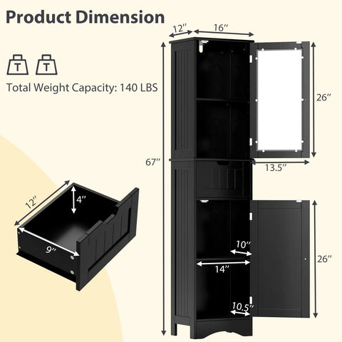 Zero Fuss Top Tier Heavy Duty Sixty Seven Inch Tall Bathroom Storage Cabinet Freestanding Linen Tower With Two Doors And One Drawer Five Tier Adjustable Shelves Slim Floor Organizer For Home Black