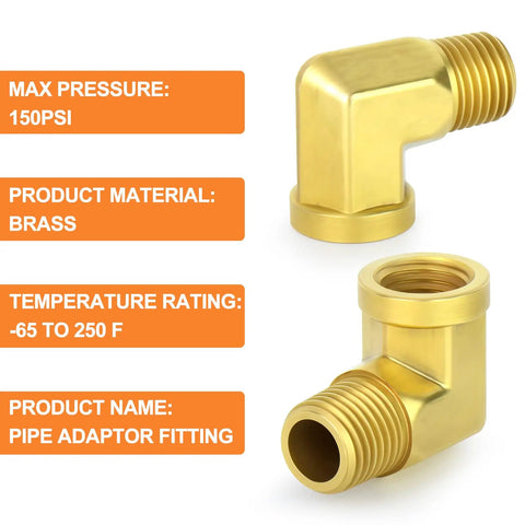 Five Pack 90 Degree Brass Pipe Elbows, 1/4 Inch NPT Male To 1/4 Inch NPT Female Fittings, Barstock Street Elbows For Plumbing