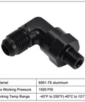 6AN Male Flare To 1/8 NPT 90 Degree Swivel Fitting Adapter Aluminum Black For High Performance Race-Ready Fuel Or Oil Lines AN To NPT Connector, 1500 PSI, -40F To 250F, 37 Degree AN Seal To 60 Degree NPT Seal black 90-degree elbow