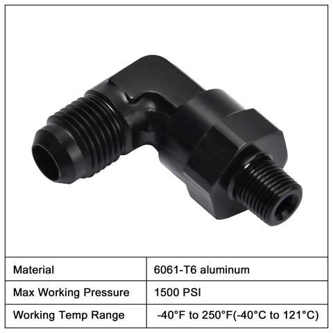 6AN Male Flare To 1/8 NPT 90 Degree Swivel Fitting Adapter Aluminum Black For High Performance Race-Ready Fuel Or Oil Lines AN To NPT Connector, 1500 PSI, -40F To 250F, 37 Degree AN Seal To 60 Degree NPT Seal black 90-degree elbow