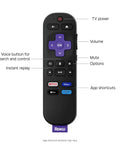Roku remote control showcasing buttons for TV power, volume, and app shortcuts for streaming services.