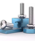 Premium Top Shelf Pan Head Machine Screws Made From Tough Rust Proof 304 Stainless Steel Phillips Cross Drive Bolts on blue backgrounds.