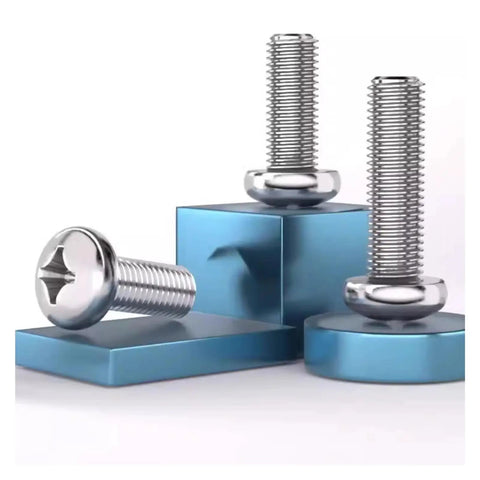 Premium Top Shelf Pan Head Machine Screws Made From Tough Rust Proof 304 Stainless Steel Phillips Cross Drive Bolts on blue backgrounds.