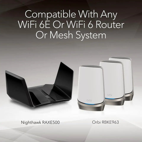 WiFi 6E USB Adapter For PC AXE3000 3Gbps Tri Band Wireless shown with compatible Nighthawk and Orbi mesh systems
