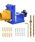 Heavy Duty Pocket Hole Jig Kit With Integrated Dust Catcher Quick Lock Handles and Dead Accurate Alignment for No Sweat Woodworking Drilling, showcasing the jig and accessories.