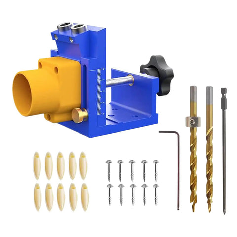 Heavy Duty Pocket Hole Jig Kit With Integrated Dust Catcher Quick Lock Handles and Dead Accurate Alignment for No Sweat Woodworking Drilling, showcasing the jig and accessories.