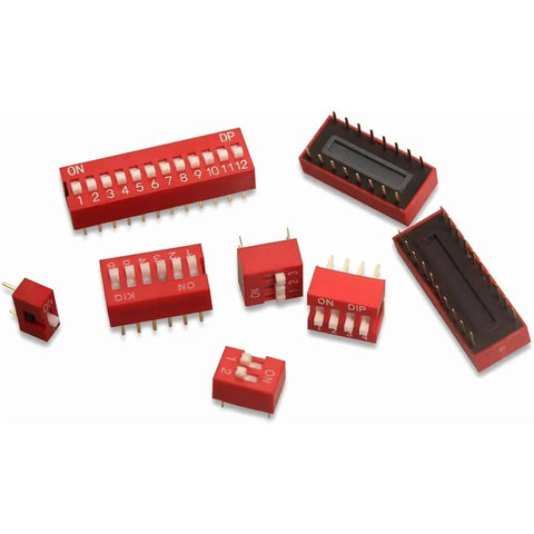 40 Piece Double Row Dip Switch Kit With 1 2 3 4 6 8 10 12 Positions, 2.54mm Pitch, PCB Mount On Off Slide Toggle Switch, red components