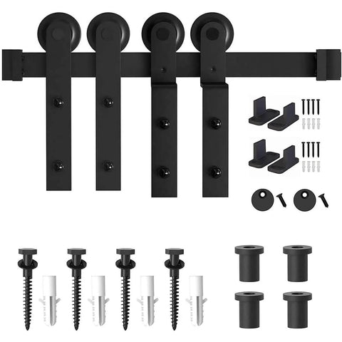 Heavy Duty Bypass Barn Door Hardware Kit With One Track And Mute Rollers, visible components for installation.
