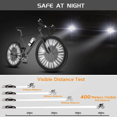 Bicycle with illuminated wheels using 48 Pcs 360 Degree Visibility Bike Spoke Reflectors Waterproof Reflective Clips