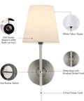 1 Light Wall Sconce With Plug In Or Hardwired Install In Brushed Nickel Finish White Alabaster Fabric Shade Vanity Light For Bathroom Or Bedroom, Clean Modern Transitional Wall Mount Lamp showing components and features.