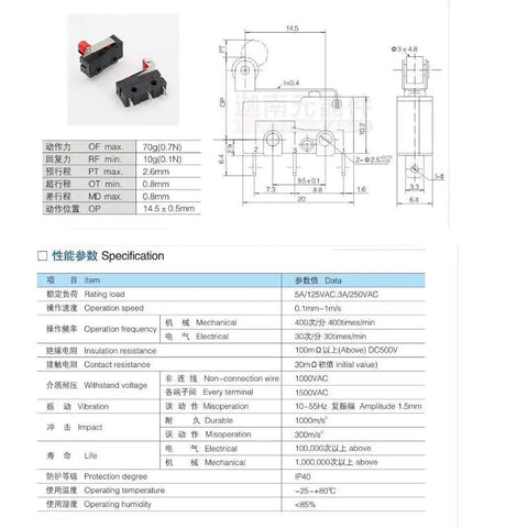 Micro Limit Switch With Roller Lever Arm KW12-3 SPDT 1NO 1NC with specifications and dimensions shown