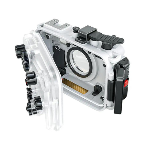Open view of Underwater Camera Housing For Olympus Tough TG7 60m 195ft Waterproof Dope Scuba Case Durable Polycarbonate Shell