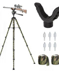 74 Inch Adjustable Rifle Tripod Stand With V Yoke Gun Rest and accessories, camo design, ground spikes, and straps for outdoor use