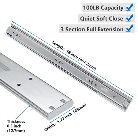 10 Pair Soft Close Drawer Slides 18 Inch Heavy Duty Side Mount Ball Bearing Full Extension 100 Pound Capacity Silver For Cabinets