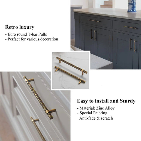 Antique Brass T Bar Cabinet Pulls 7.56 Inch Center Knurled Zinc Alloy Handles 6 Pack on dark gray kitchen cabinets