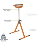 Tri Function Pedestal Roller Stand With Adjustable Height 27 To 43.75 Inches, polished steel with wedge design and A-frame