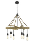 Farmhouse Style 6 Light Rope Pendant Chandelier In Smoked Birch And Textured Black Finish With Hanging Sockets
