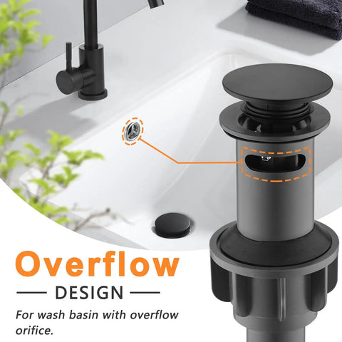 Matte Black ABS Pop Up Sink Drain With Overflow For Bathroom Vessel Sink Lavatory Vanity Easy Install No Leak Drama Durable Construction And Leak Proofing showing overflow design in white sink.