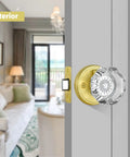 Octagon Crystal Glass Door Knob With Privacy Lock For Interior Doors Satin Brass Finish Inside Thumb Button Lock With Emergency Allen Key Release Ideal For Bathroom And Bedroom Privacy installed on a white door