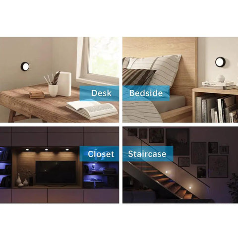 Color Changing LED Puck Lights With Remote Dimmable Under Cabinet Lights 4 Pack shown in various home settings