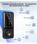 Auto Locking Smart Deadbolt With Touchless Fingerprint Entry And Magnetic Door Sensor Including Lightning Fast Unlocking Bluetooth App Control With Time Limited Guest Keys And Real Time Activity Logs For Total Peace Of Mind showing multiple unlocking methods on touchscreen.