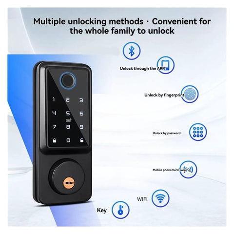 Auto Locking Smart Deadbolt With Touchless Fingerprint Entry And Magnetic Door Sensor Including Lightning Fast Unlocking Bluetooth App Control With Time Limited Guest Keys And Real Time Activity Logs For Total Peace Of Mind showing multiple unlocking methods on touchscreen.