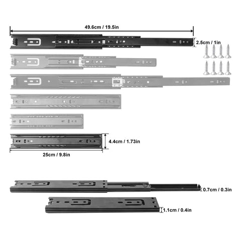 Eight Pairs 10 Inch Full Extension Drawer Slides Black Side Mount With Screws Ball Bearing Rails Displayed with Measurements