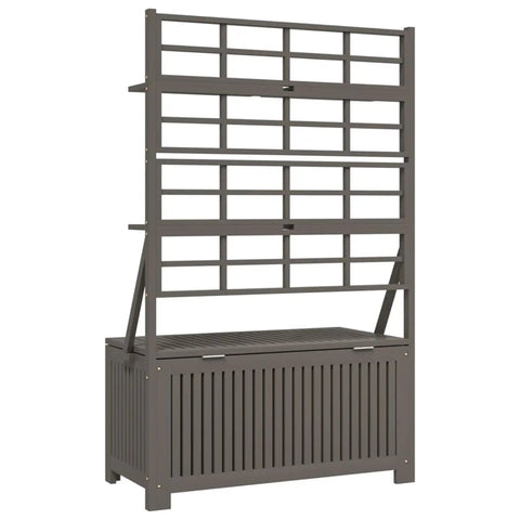 Badass Acacia Wood Outdoor Storage Chest With Built In Garden Trellis And Four Deep Compartments For Yard Gear Plus Patio Deck Essentials Tough As Nails Grey Wash Finish, showing trellis and storage.