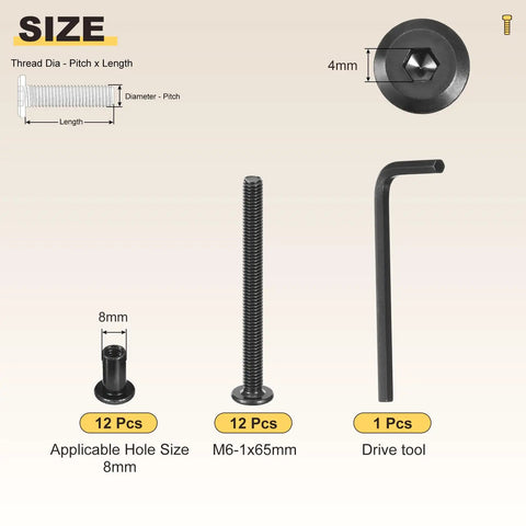 Hella Sturdy Furniture Assembly Replacement Fasteners Includes Slick Tight Barrel Nuts And Flat Head Screws With No Sweat Wrench For Crib And Heavy Duty Frame Support, showing M6 screws, barrel nuts, and drive tool.