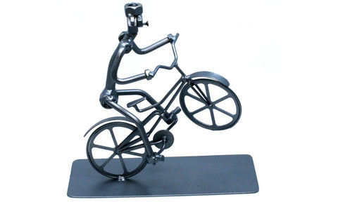 Handmade Bike Themed Desk Statue For Men Nut And Bolt Biking Figurine Metal Welding Sculpture on rectangular base