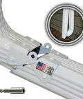Flip Up Downspout Hinge Kit For Easy Yard Access No Detach Needed Perfect For Lawn Mowing Fits 2x3 And 3x4 Downspouts And 5In Or 6In Gutters DIY Install 6 Pack Made In USA, showing aluminum hinge with American flag symbol.