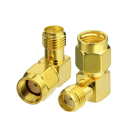 RP-SMA Male To SMA Female Right Angle Antenna Connector Adapter 2 Pack for FPV Drones WiFi Routers shown in gold finish