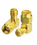 RP-SMA Male To SMA Female Right Angle Antenna Connector Adapter 2 Pack For FPV Drones WiFi Routers, gold connectors on white background