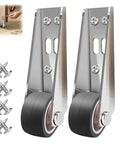 Built Tough And Hella Durable Two Pack Door Support Wheels For Vertical Gate Tracks With Anti Sag Brackets And Heavy Duty Steel Axles, showing chrome wheels and screws.