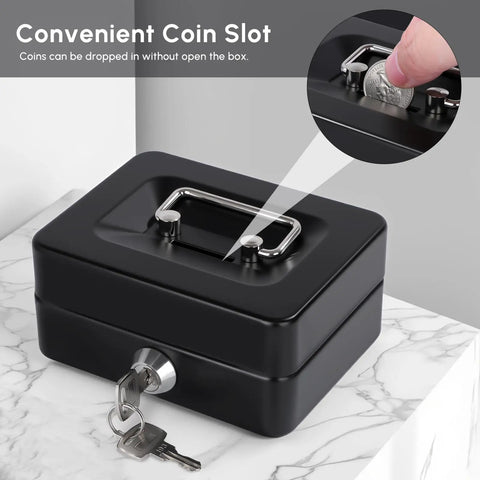 Compact Cash Box With Slot And Key Lock Portable Metal Money Safe on marble table, showing key lock and coin slot in use.
