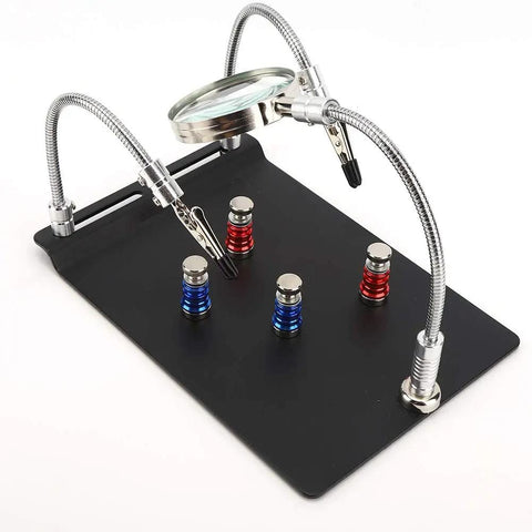 Third Hand Soldering Station with 3X LED Magnifying Lamp, magnetic PCB clamp, and flexible arms on a black base for precise work.