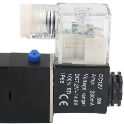 Internally Piloted 4V230C 08 Pneumatic Solenoid Valve close-up, showing DC12V coil and electrical connections for industrial pneumatics