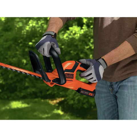 Powerful 20V Max Cordless Hedge Trimmer No-Fuss 22 Inch Dual Action Steel Blade Tool in use trimming hedges
