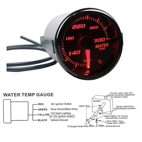 52mm Water Temperature Gauge With 7 Color LED Backlit Tint Lens shown in black with red LED, wiring diagram included