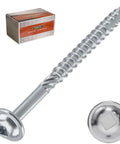 Pocket Hole Screws Size Eight Two And A Half Inches, 120 Pc Silver Square Drive Wood Screws close-up with box