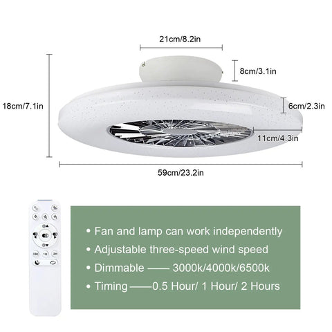 Diagram of Remote LED Ceiling Fan With Light Kit 40W Dimmable showing dimensions and remote control functionality.