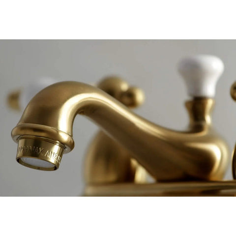 Close-up of 4 Inch Centerset Bathroom Faucet In Brushed Brass, Solid Brass Construction, Drip Free Ceramic Disc