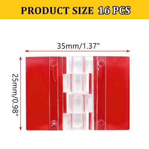 Sixteen Pack Clear Acrylic Self Adhesive Hinges 35X25 Millimeter showing size dimensions 35mm x 25mm for invisibly mounting projects.