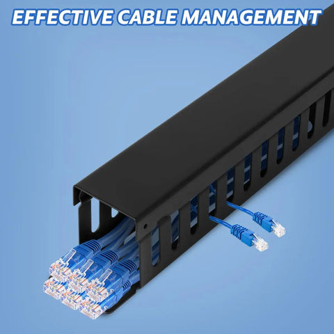 19-inch 1U server rack cable management kit with 24-slot horizontal cable raceway, showing blue cables organized in a black duct channel.