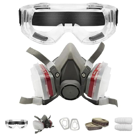 Pro Grade All In One Reusable Half Face Respirator Kit With Safety Glasses And Replacement Filters Built For Gas Fumes Painting Sanding