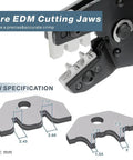 Close-up of two silver metal crimping jaws with millimeter dimension callouts for wire-terminal crimping.