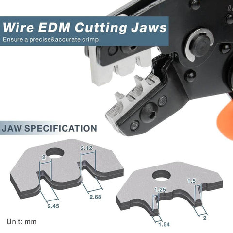 Close-up of two silver metal crimping jaws with millimeter dimension callouts for wire-terminal crimping.