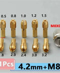 Get Your Mini Brass Chuck Drill Set With M8 Nuts And 0.5 To 3.2mm Collets For Perfect Jewelry Grinding And Rotary Tool Accessory Work, showing brass collets.